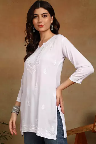 chikankari hand embroidered white liva rayon ethnic motifs floral straight kurta kurti tunic for women
