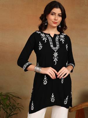 lucknowi chikankari hand embroidered black liva rayon ethnic motifs floral straight kurta kurti tunic for women 1