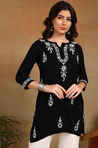 lucknowi chikankari hand embroidered black liva rayon ethnic motifs floral straight kurta kurti tunic for women