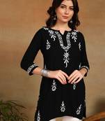 lucknowi chikankari hand embroidered black liva rayon ethnic motifs floral straight kurta kurti tunic for women