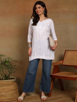 chikankari hand embroidered white liva rayon ethnic motifs floral straight kurta kurti tunic for women 4