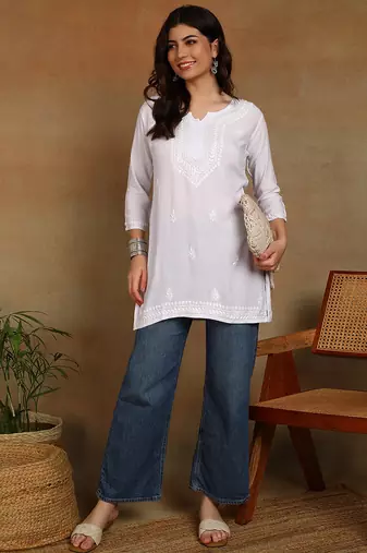 chikankari hand embroidered white liva rayon ethnic motifs floral straight kurta kurti tunic for women