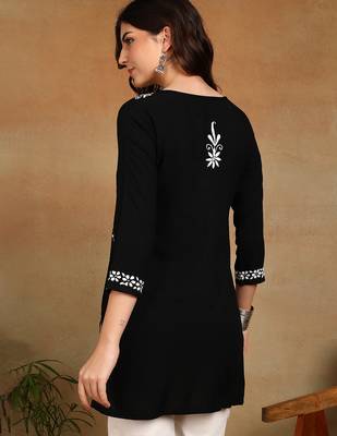 lucknowi chikankari hand embroidered black liva rayon ethnic motifs floral straight kurta kurti tunic for women 2