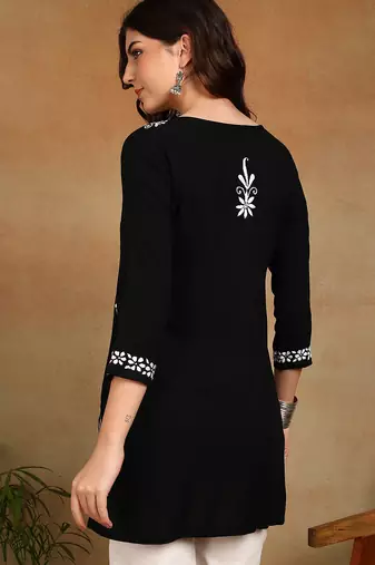 lucknowi chikankari hand embroidered black liva rayon ethnic motifs floral straight kurta kurti tunic for women