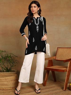 lucknowi chikankari hand embroidered black liva rayon ethnic motifs floral straight kurta kurti tunic for women 3