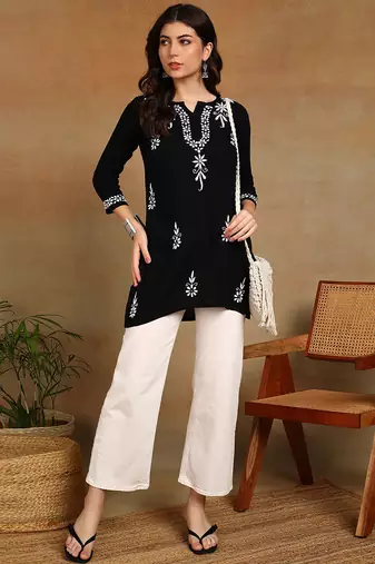 lucknowi chikankari hand embroidered black liva rayon ethnic motifs floral straight kurta kurti tunic for women