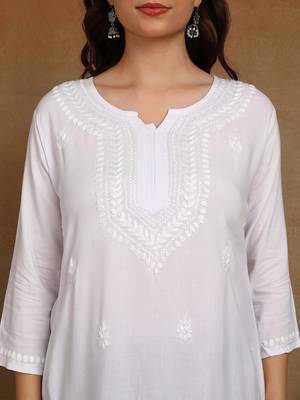 chikankari hand embroidered white liva rayon ethnic motifs floral straight kurta kurti tunic for women 5