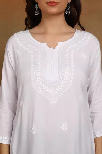 chikankari hand embroidered white liva rayon ethnic motifs floral straight kurta kurti tunic for women