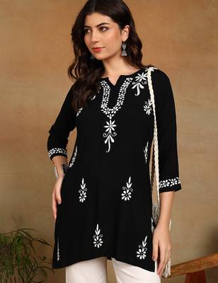 lucknowi chikankari hand embroidered black liva rayon ethnic motifs floral straight kurta kurti tunic for women 4
