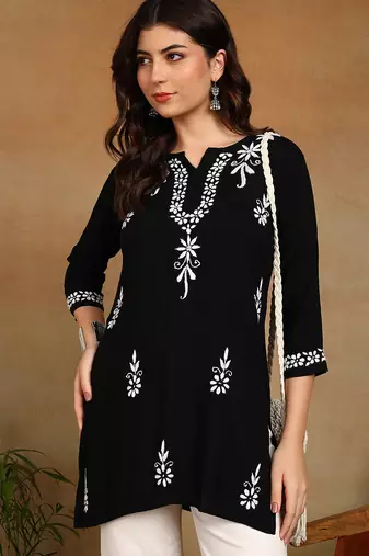 lucknowi chikankari hand embroidered black liva rayon ethnic motifs floral straight kurta kurti tunic for women