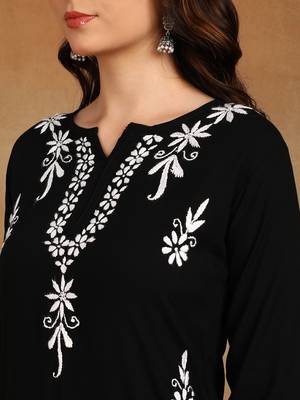 lucknowi chikankari hand embroidered black liva rayon ethnic motifs floral straight kurta kurti tunic for women 5