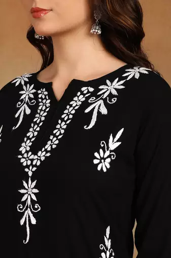 lucknowi chikankari hand embroidered black liva rayon ethnic motifs floral straight kurta kurti tunic for women