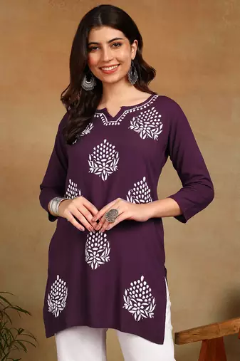 lucknowi chikankari hand embroidered purple liva soft ethnic motifs floral straight kurta kurti tunic for women