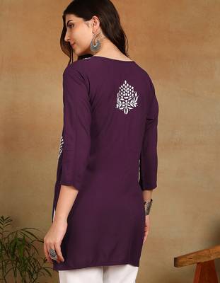 lucknowi chikankari hand embroidered purple liva soft ethnic motifs floral straight kurta kurti tunic for women 2