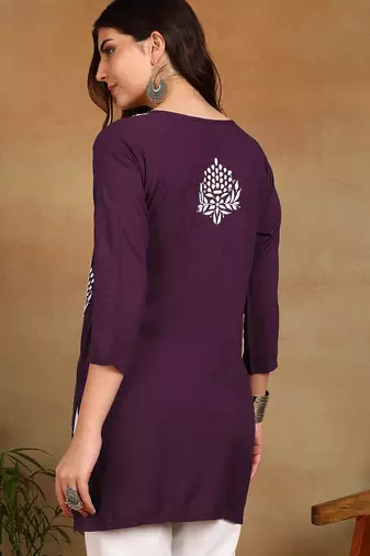 lucknowi chikankari hand embroidered purple liva soft ethnic motifs floral straight kurta kurti tunic for women