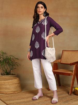 lucknowi chikankari hand embroidered purple liva soft ethnic motifs floral straight kurta kurti tunic for women 3