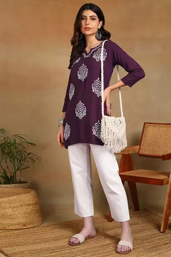 lucknowi chikankari hand embroidered purple liva soft ethnic motifs floral straight kurta kurti tunic for women