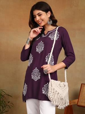 lucknowi chikankari hand embroidered purple liva soft ethnic motifs floral straight kurta kurti tunic for women 4