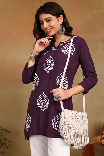 lucknowi chikankari hand embroidered purple liva soft ethnic motifs floral straight kurta kurti tunic for women