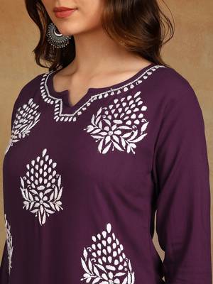 lucknowi chikankari hand embroidered purple liva soft ethnic motifs floral straight kurta kurti tunic for women 5
