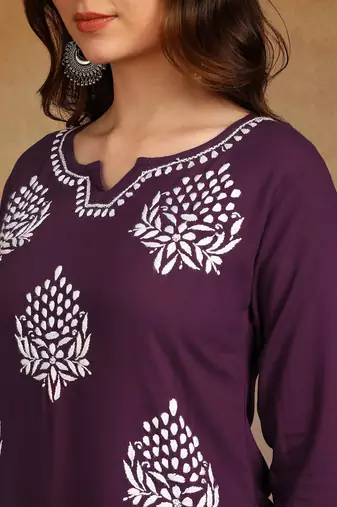 lucknowi chikankari hand embroidered purple liva soft ethnic motifs floral straight kurta kurti tunic for women