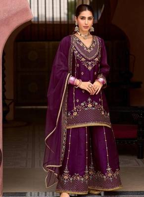 purple tissue silk wedding sharara suit -Full Stitched Free size 1