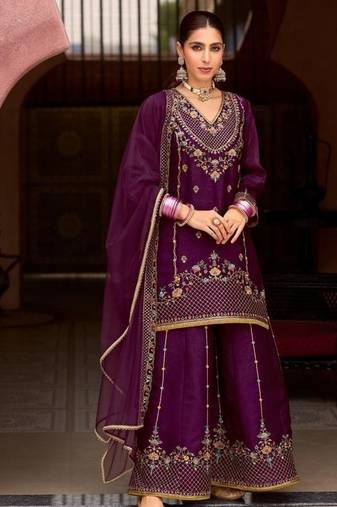 Purple tissue silk wedding sharara suits - full stitched free size