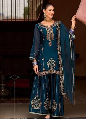 peacock greentissue silk wedding sharara suit-Full Stitched Free size 1