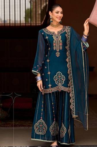 Peacock blue tissue silk wedding sharara suits - full stitched free size