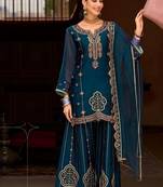 peacock greentissue silk wedding sharara suit-Full Stitched Free size