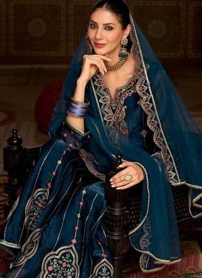 peacock greentissue silk wedding sharara suit-Full Stitched Free size 2