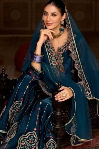 peacock greentissue silk wedding sharara suit-Full Stitched Free size