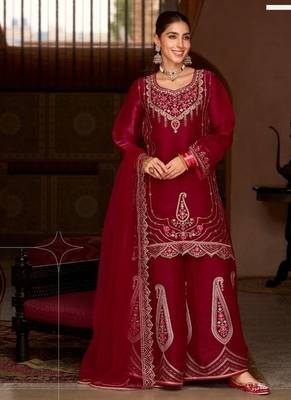 maroon tissue silk wedding sharara suit-Full Stitched Free size 1