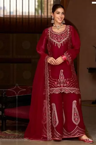 Maroon tissue silk wedding sharara suits - full stitched free size