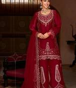 maroon tissue silk wedding sharara suit-Full Stitched Free size