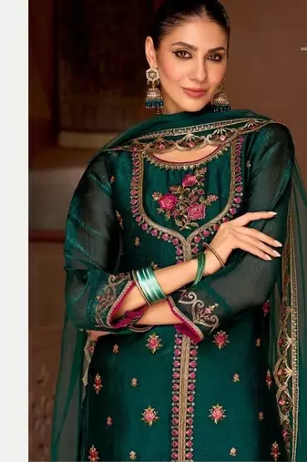 Peacock green tissue silk wedding sharara suits - full stitched free size