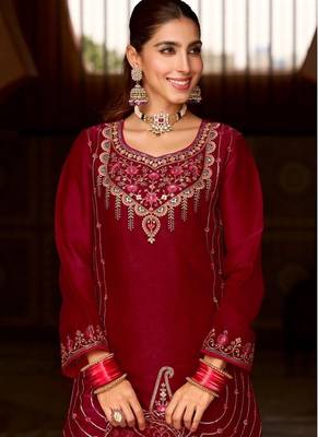 maroon tissue silk wedding sharara suit-Full Stitched Free size 2