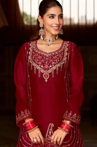 maroon tissue silk wedding sharara suit-Full Stitched Free size