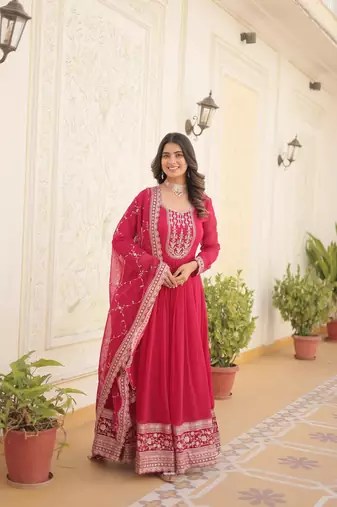 Faux Blooming Heavy Sequins Embroidered Stitched Gown with Dupatta     Pink | 56" Length