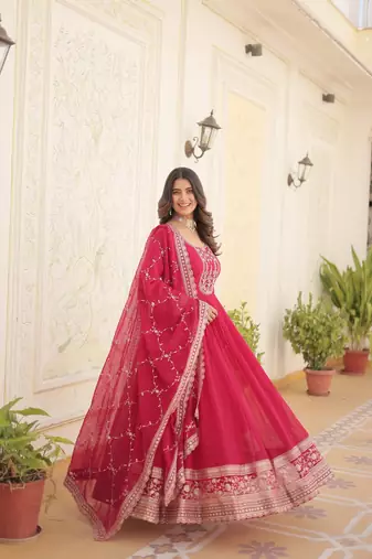 Faux Blooming Heavy Sequins Embroidered Stitched Gown with Dupatta     Pink | 56" Length