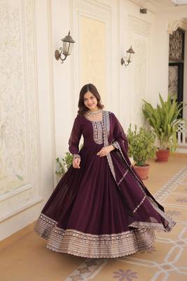 Faux Blooming Heavy Sequins Embroidered Stitched Gown with Dupatta     Wine | 56" Length 1