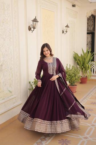 Faux Blooming Heavy Sequins Embroidered Stitched Gown with Dupatta     Wine | 56" Length