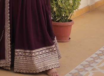 Faux Blooming Heavy Sequins Embroidered Stitched Gown with Dupatta     Wine | 56" Length 2