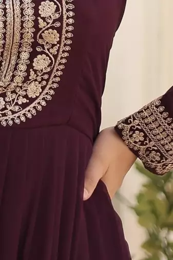 Faux Blooming Heavy Sequins Embroidered Stitched Gown with Dupatta     Wine | 56" Length