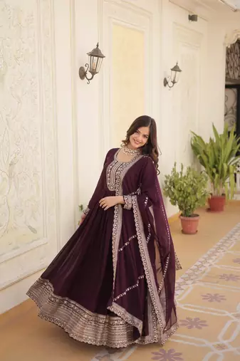 Faux Blooming Heavy Sequins Embroidered Stitched Gown with Dupatta     Wine | 56" Length