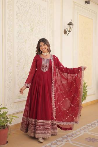 Faux Blooming Heavy Sequins Embroidered Stitched Gown with Dupatta     Maroon | 55" Length