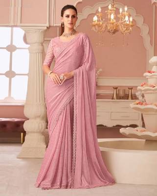 Pink Chiffon Beautiful Embellished Saree,Sari Comes With Embroidered Blouse 1