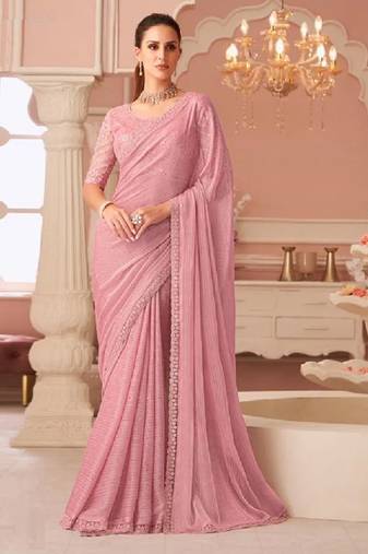 Pink Chiffon Beautiful Embellished Saree,Sari Comes With Embroidered Blouse