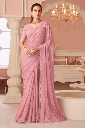 Pink Chiffon Beautiful Embellished Saree,Sari Comes With Embroidered Blouse