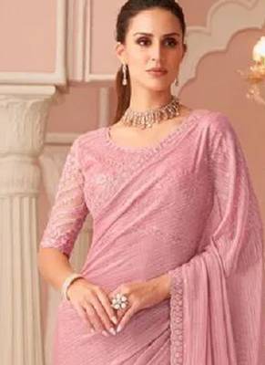 Pink Chiffon Beautiful Embellished Saree,Sari Comes With Embroidered Blouse 2